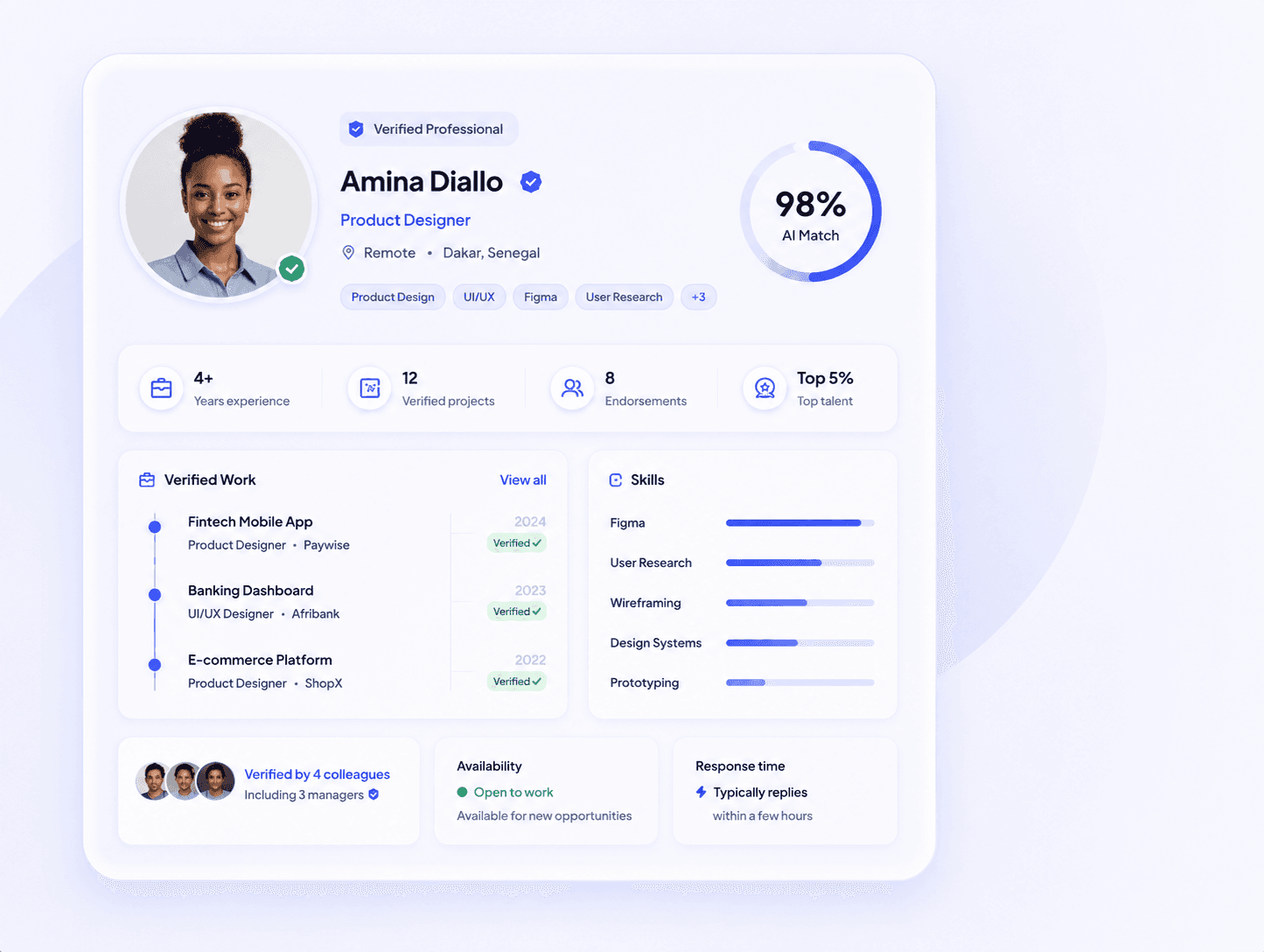 An Oodser professional profile showing a verified product designer with a 98% AI match score, verified work history and ranked skills